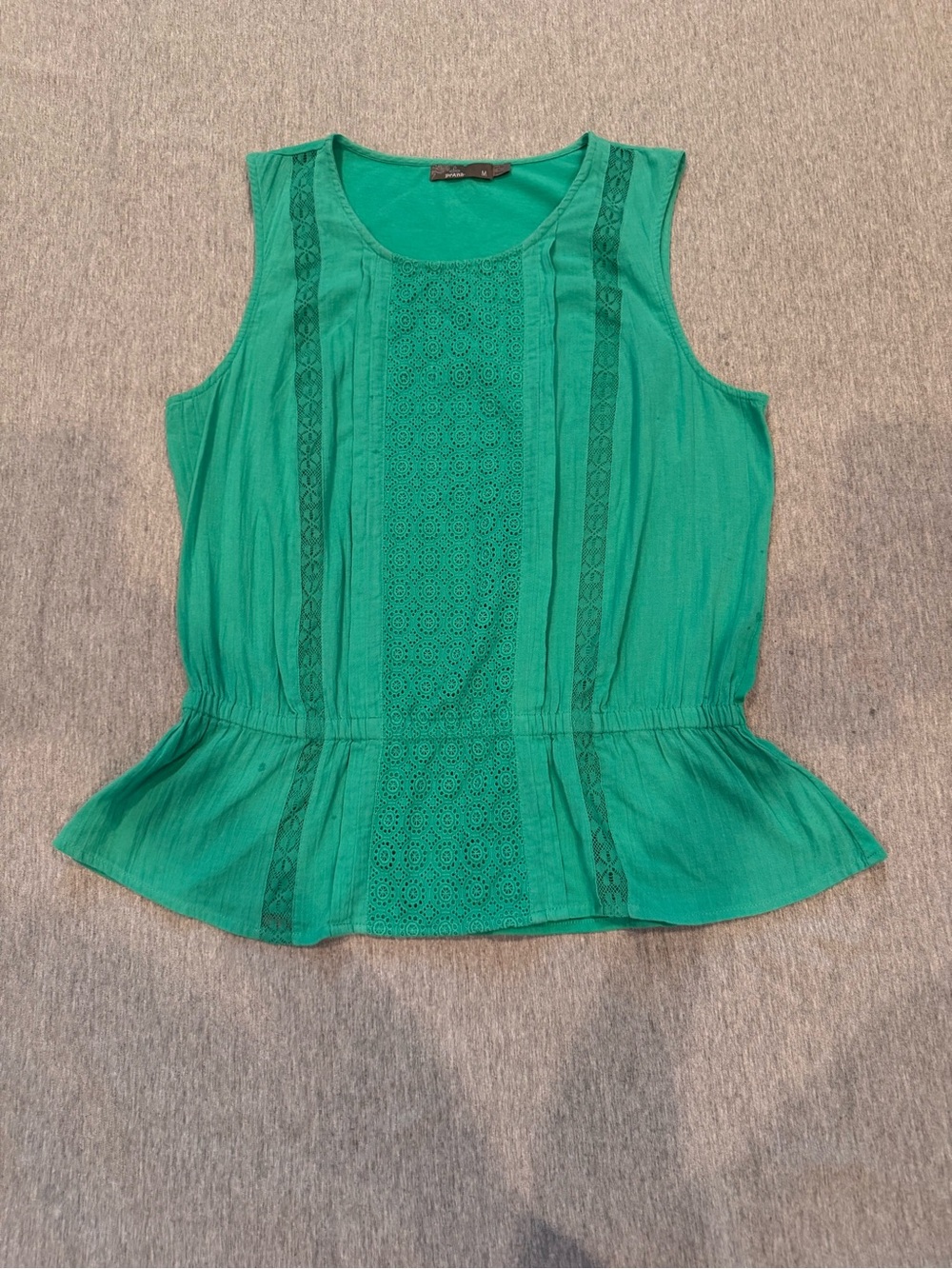 Prana Emerald Green Sleeveless Peplum Top with Lace Insets